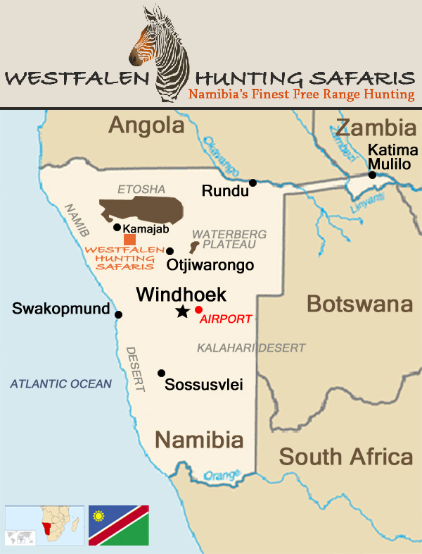 Map of Namibia showing the location of Westfalen Hunting Safaris
